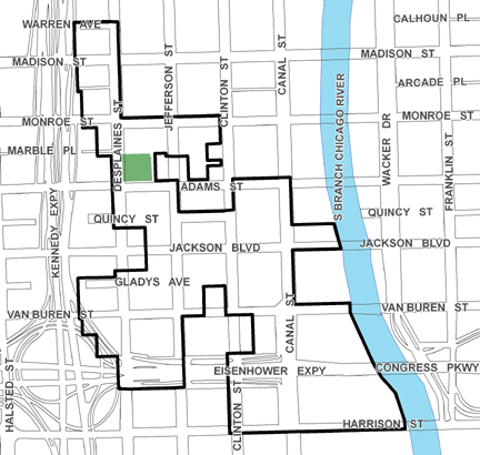 Canal/Congress TIF district map, roughly bounded on the north by Warren Avenue, Harrison Street on the south, the South Branch of the Chicago River on the east, and the Kennedy Expressway on the west.